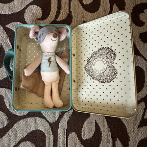 Maileg 1st Edition Superhero Little Brother in Suitcase Grey Mask Lightening